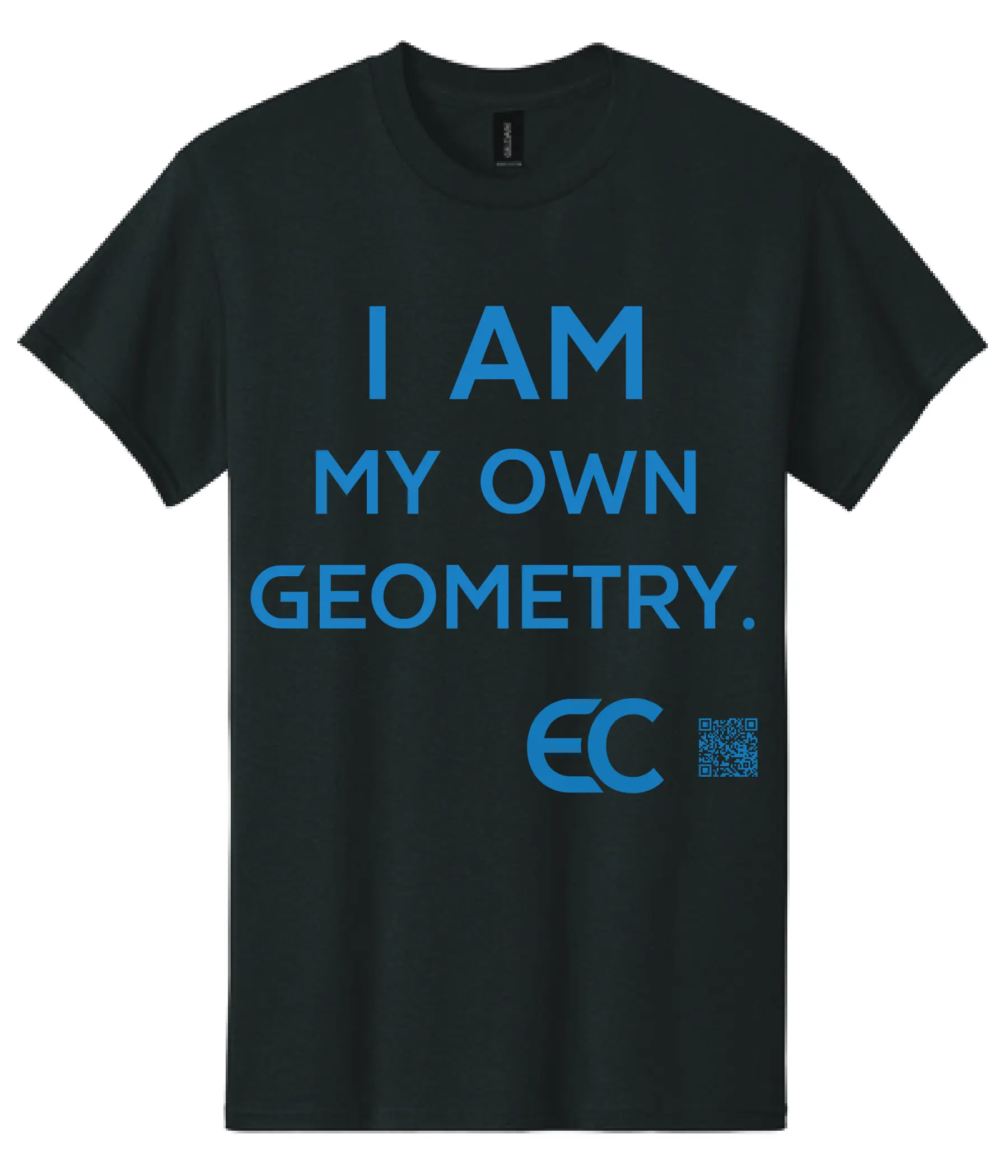 Black t-shirt with blue text saying "I AM MY OWN GEOMETRY."