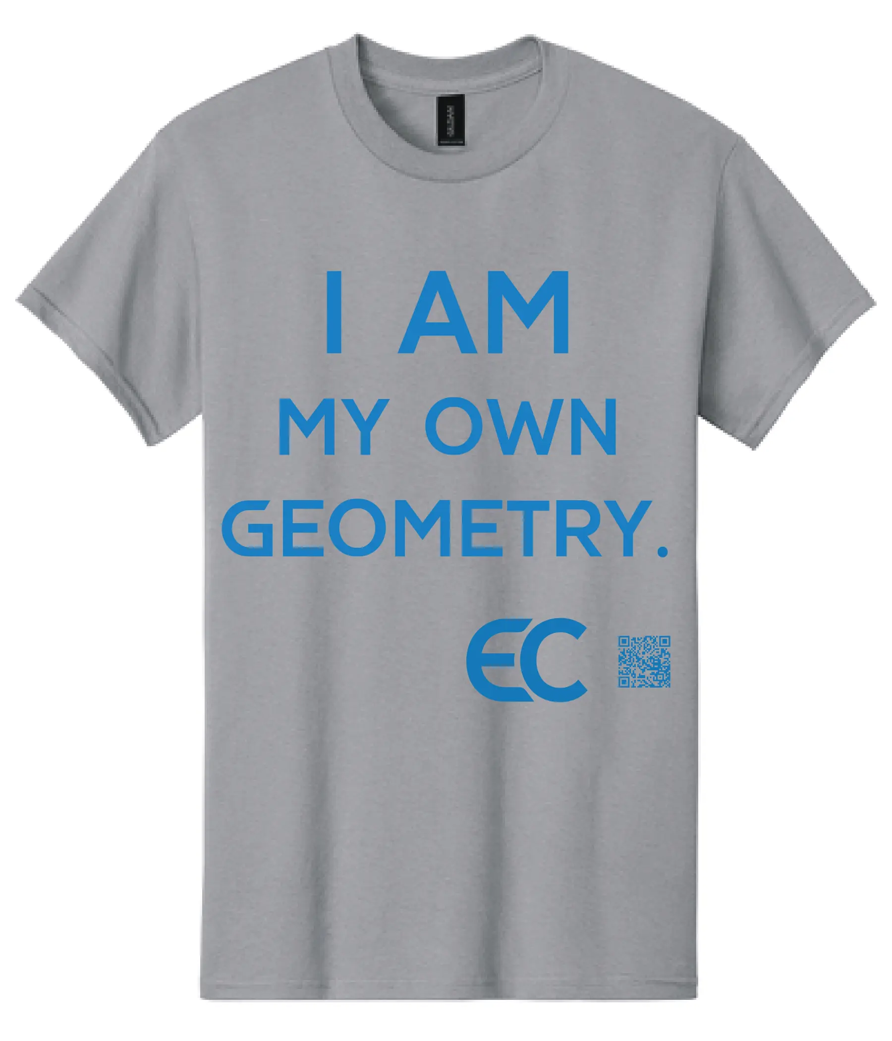 Gray T-shirt with blue text "I AM MY OWN GEOMETRY."