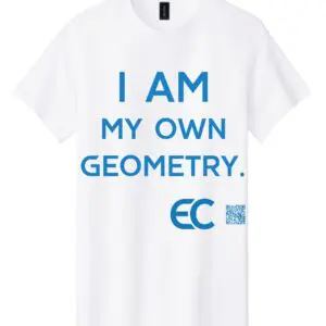 White T-shirt with blue text saying "I AM MY OWN GEOMETRY."