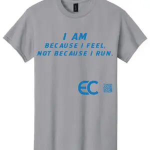 Grey t-shirt with motivational running quote in blue text.