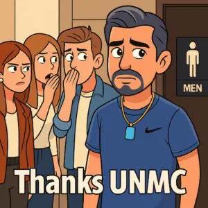 A worried man with a group of whispering women behind him.
