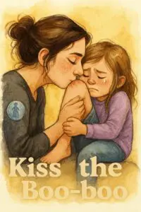 A comforting woman kisses a sad girl on the shoulder.