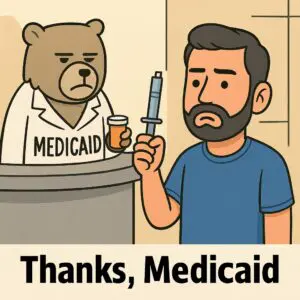 Cartoon man holding a syringe, bear labeled Medicaid behind a counter.