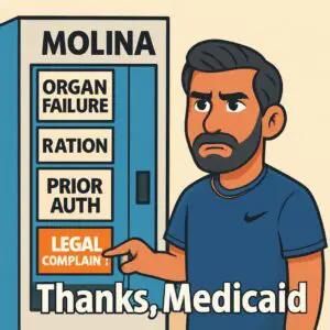 Cartoon man holds sign listing legal complaint reasons for Molina, thanking Medicaid.