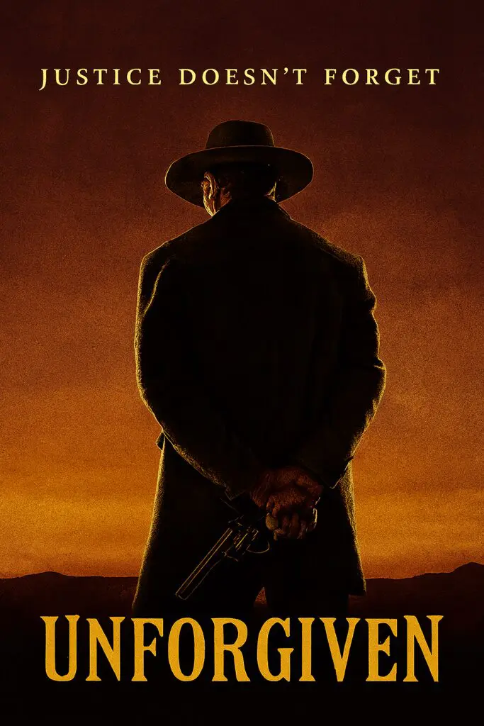 Silhouette of a person in a hat holding a gun against a sunset.