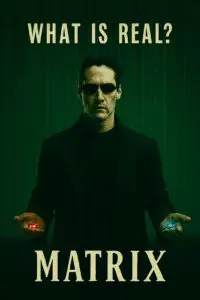 A man in dark clothing holds a red and blue glowing orb.