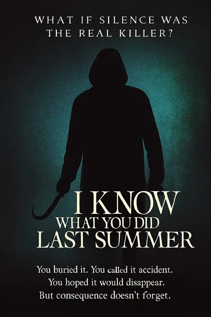 Silhouetted figure with a hook and ominous text from a thriller movie.