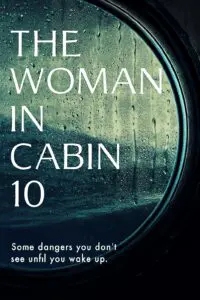 View through a rainy airplane window with text about 'The Woman in Cabin 10'.