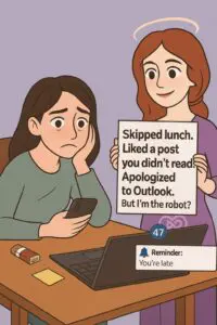 Woman upset about a missed Outlook reminder, robot apologizes.