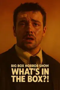 Man with bruised face in intense orange lighting from horror show.