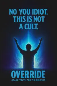 Silhouette with raised arms under glowing text declares 'This is not a cult.'