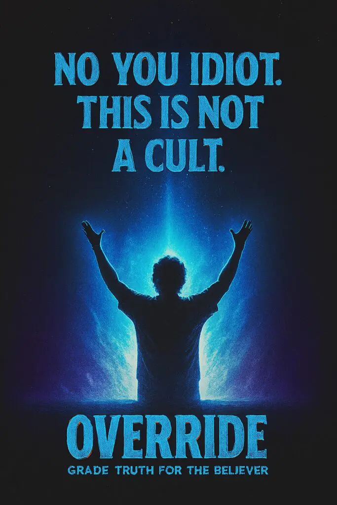Silhouette with raised arms under glowing text declares 'This is not a cult.'