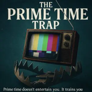 A TV with a trap door and warning text about prime time.