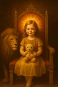 A child in a golden dress holding a teddy bear, seated with a luminous lion behind.