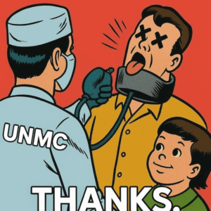 A doctor at UNMC treats a happy child while a man shows distress.