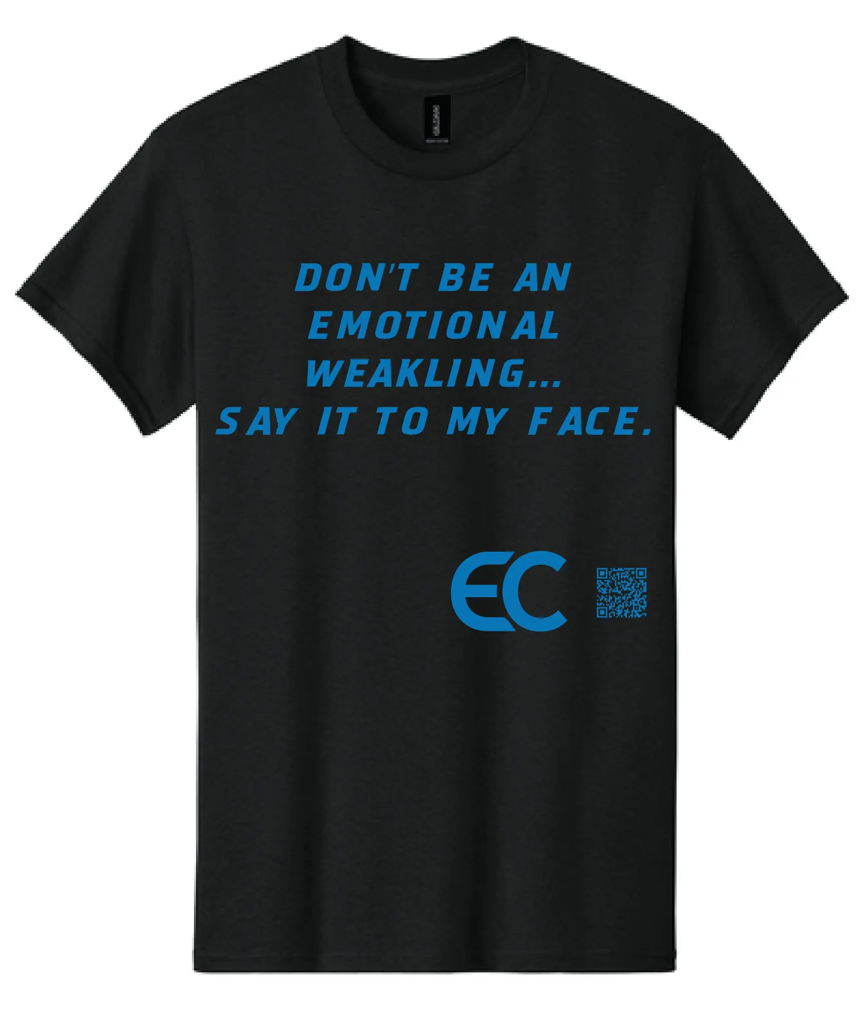 Black t-shirt with a blue motivational quote.