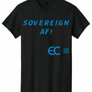 Black T-shirt with blue text 'SOVEREIGN AF!' and a small logo.
