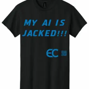 Black t-shirt with blue text saying 'MY AI IS JACKED!!!' and logos.