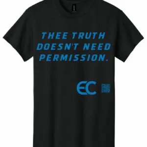 Black t-shirt with blue text and logo design.
