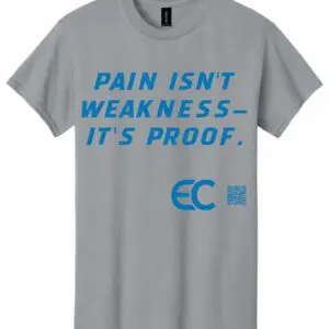 Gray t-shirt with motivational text and logo.