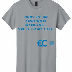 Gray t-shirt with blue text and symbols.