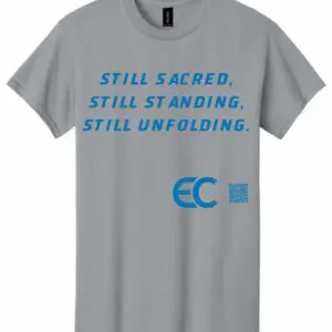 Gray t-shirt with blue text and logo design.