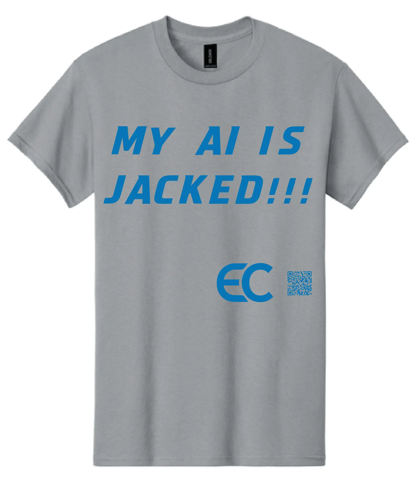 Gray T-shirt with bold blue text saying 'MY AI IS JACKED!!!' and logos.