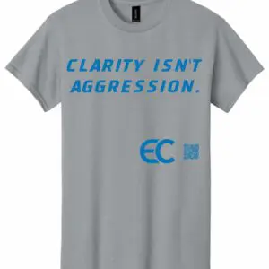 Gray T-shirt with bold blue text and logos.
