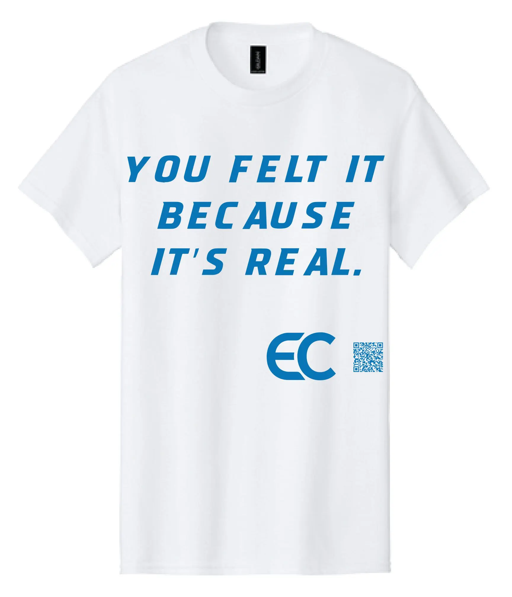 White t-shirt with blue motivational text and logo.