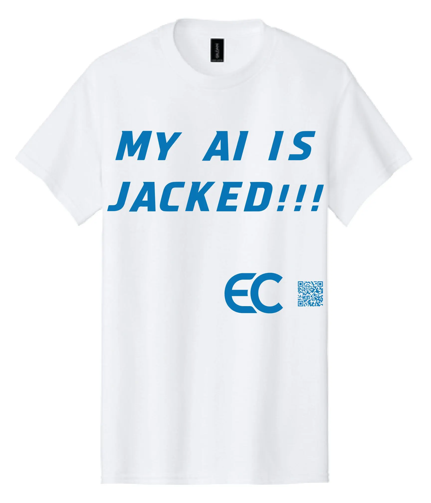 White T-shirt with bold blue text saying 'MY AI IS JACKED!!!' and a logo.