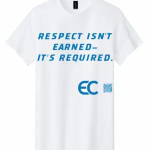 White T-shirt with a bold blue slogan about respect and logos.