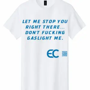 White T-shirt with bold blue text and logo.